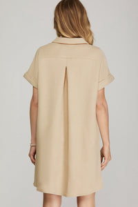 Textured Button Down (Light Beige) Knit Mini Dress with Chest & Side Pockets