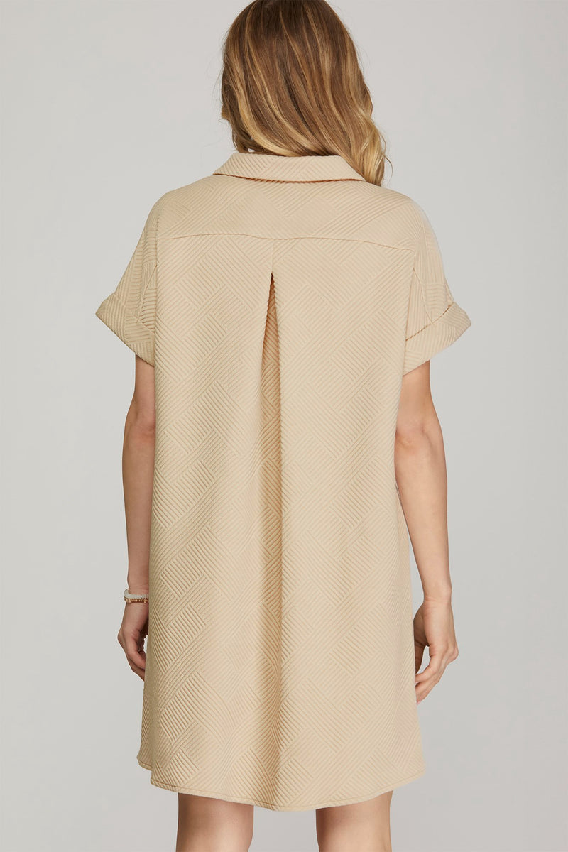 Textured Button Down (Light Beige) Knit Mini Dress with Chest & Side Pockets