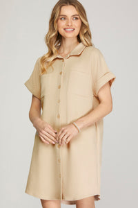 Textured Button Down (Light Beige) Knit Mini Dress with Chest & Side Pockets