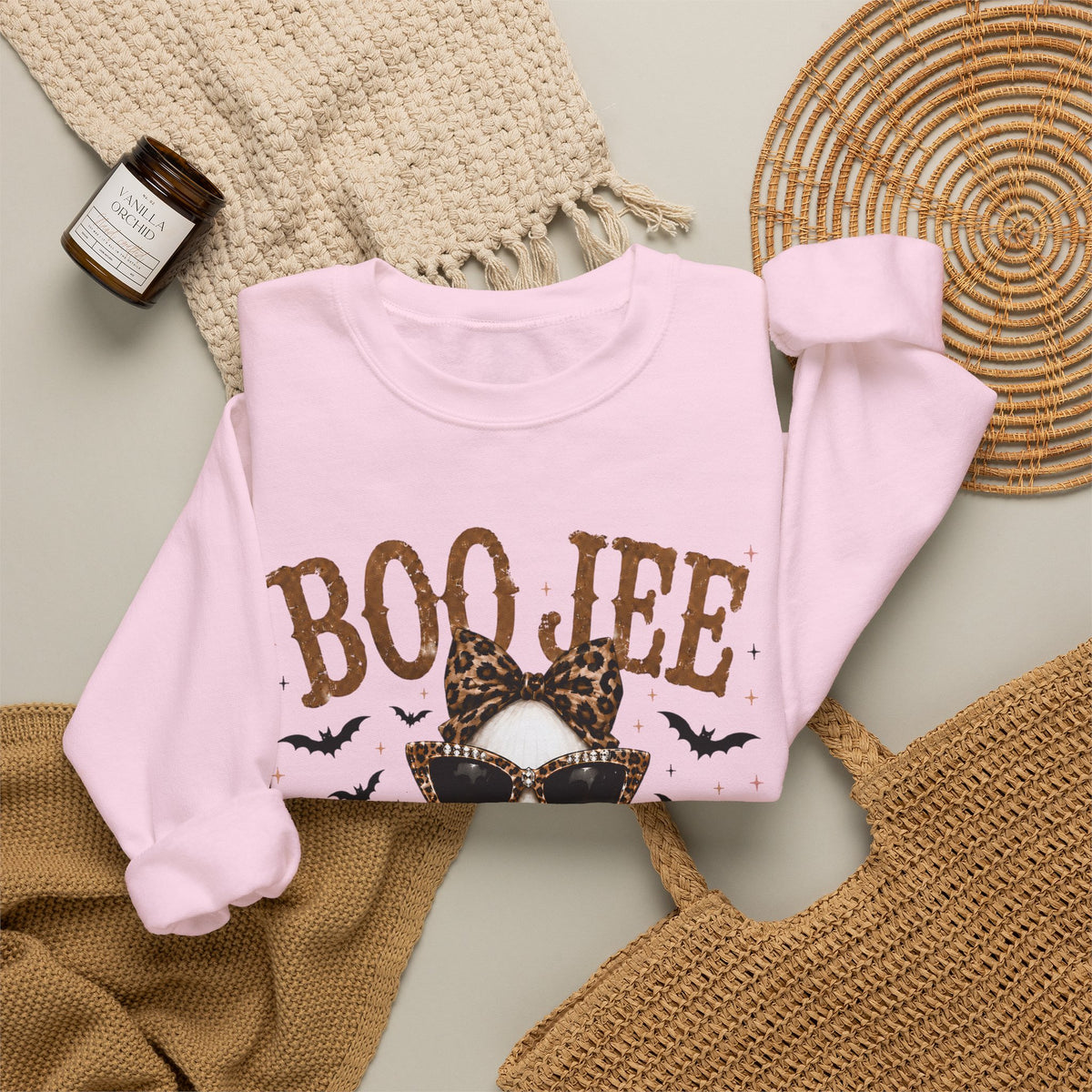 BooJee Ghost with Coffee - Halloween – Gildan Heavy Blend | Trendy Women’s Soft Sweatshirt. Direct to Garment. Printed & Shipped in the USA. Unisex Sizes.