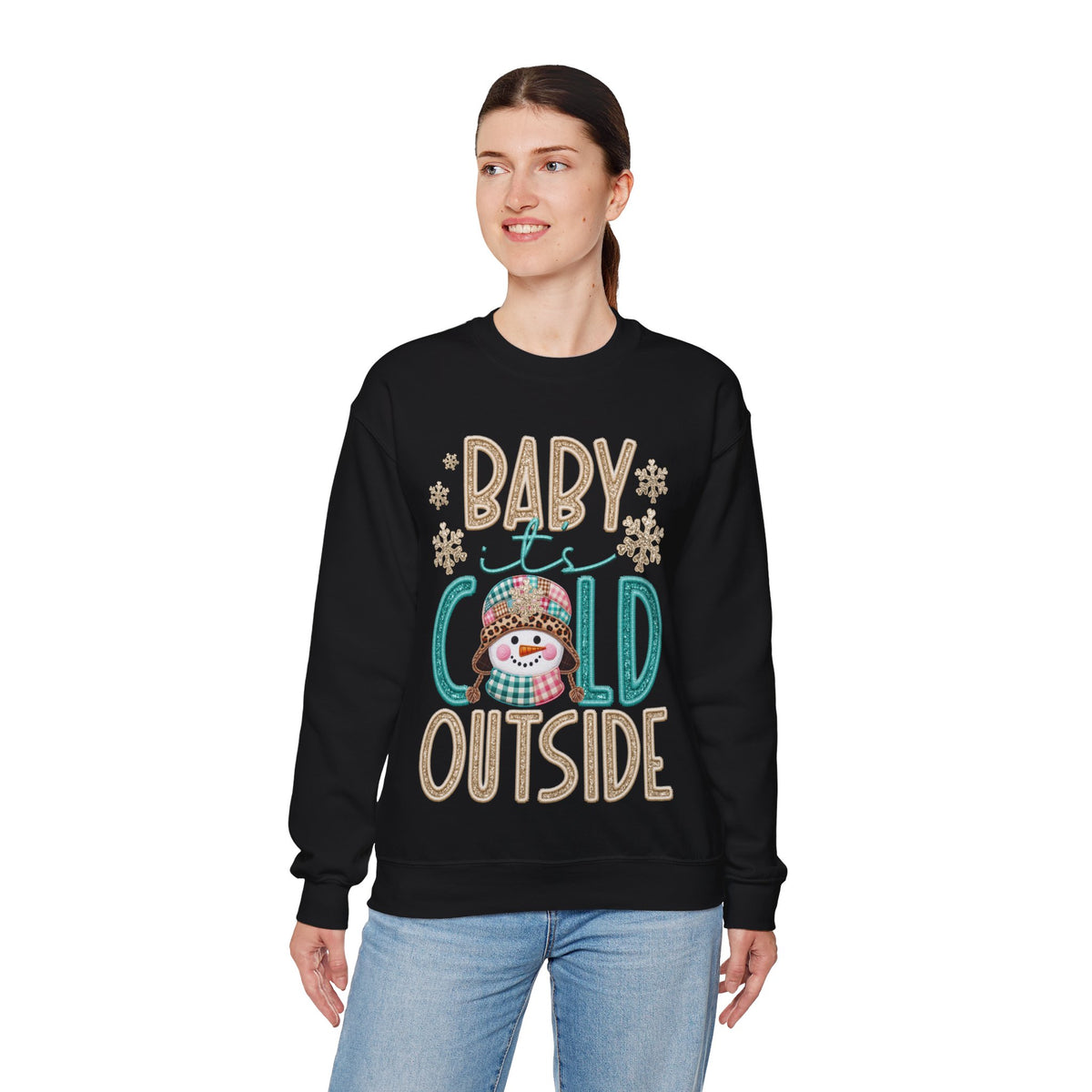Baby It's Cold Outside Snowman – Gildan Heavy Blend | Trendy Women’s Soft Sweatshirt. Direct to Garment. Printed & Shipped in the USA. Unisex Sizes.