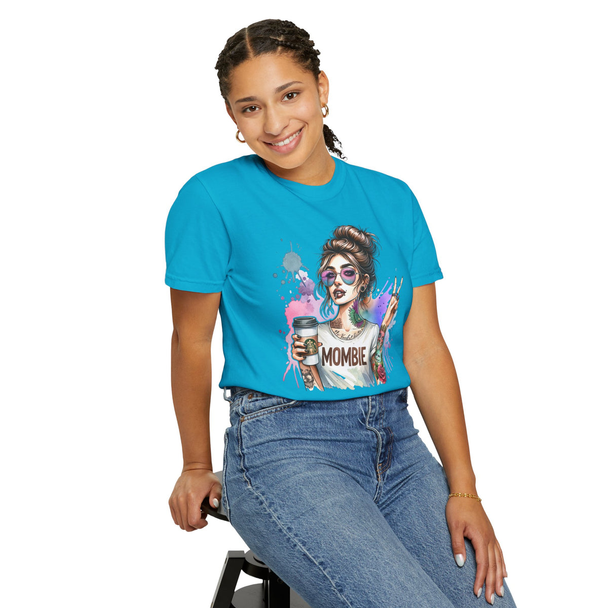 Cool Mombie with Coffee Peace Tattoo - Comfort Colors | Trendy Women's T-Shirt. Direct to Garment. Printed & Shipped in the USA. Unisex Sizes.