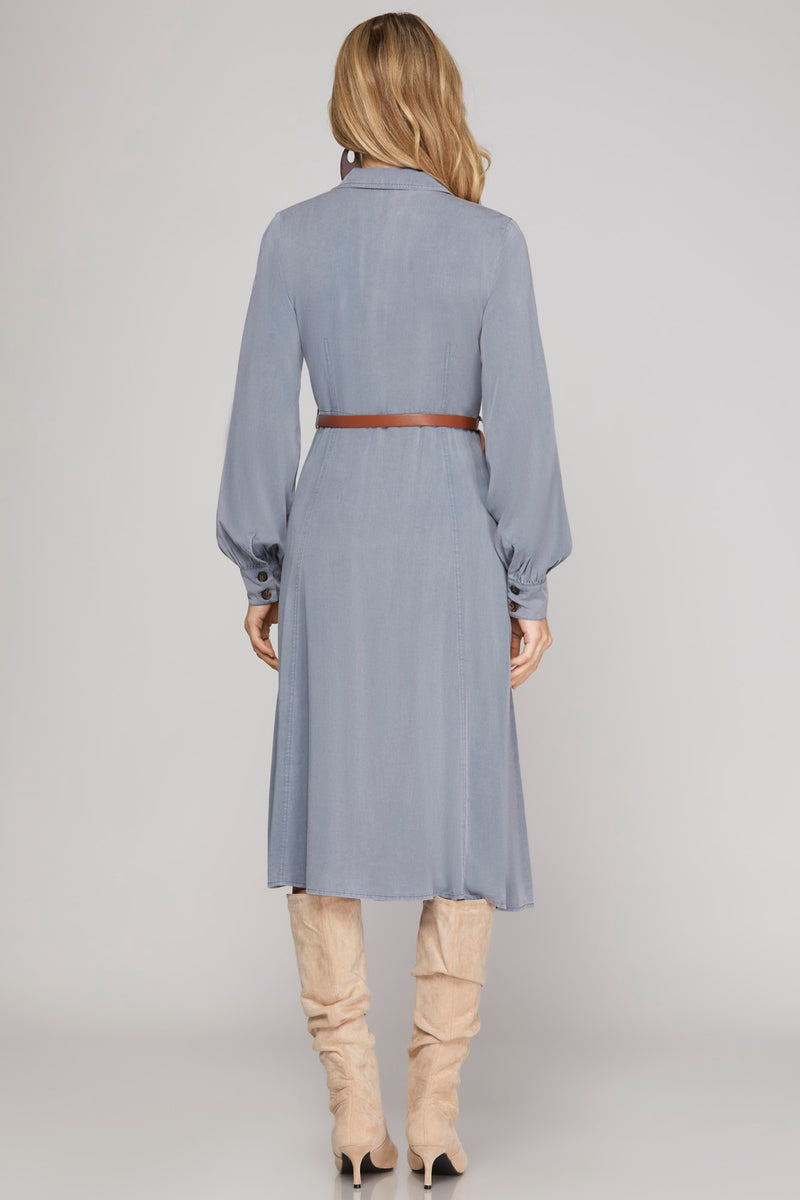 Bianca Long Sleeve Button-Down Blue Dress with Pockets