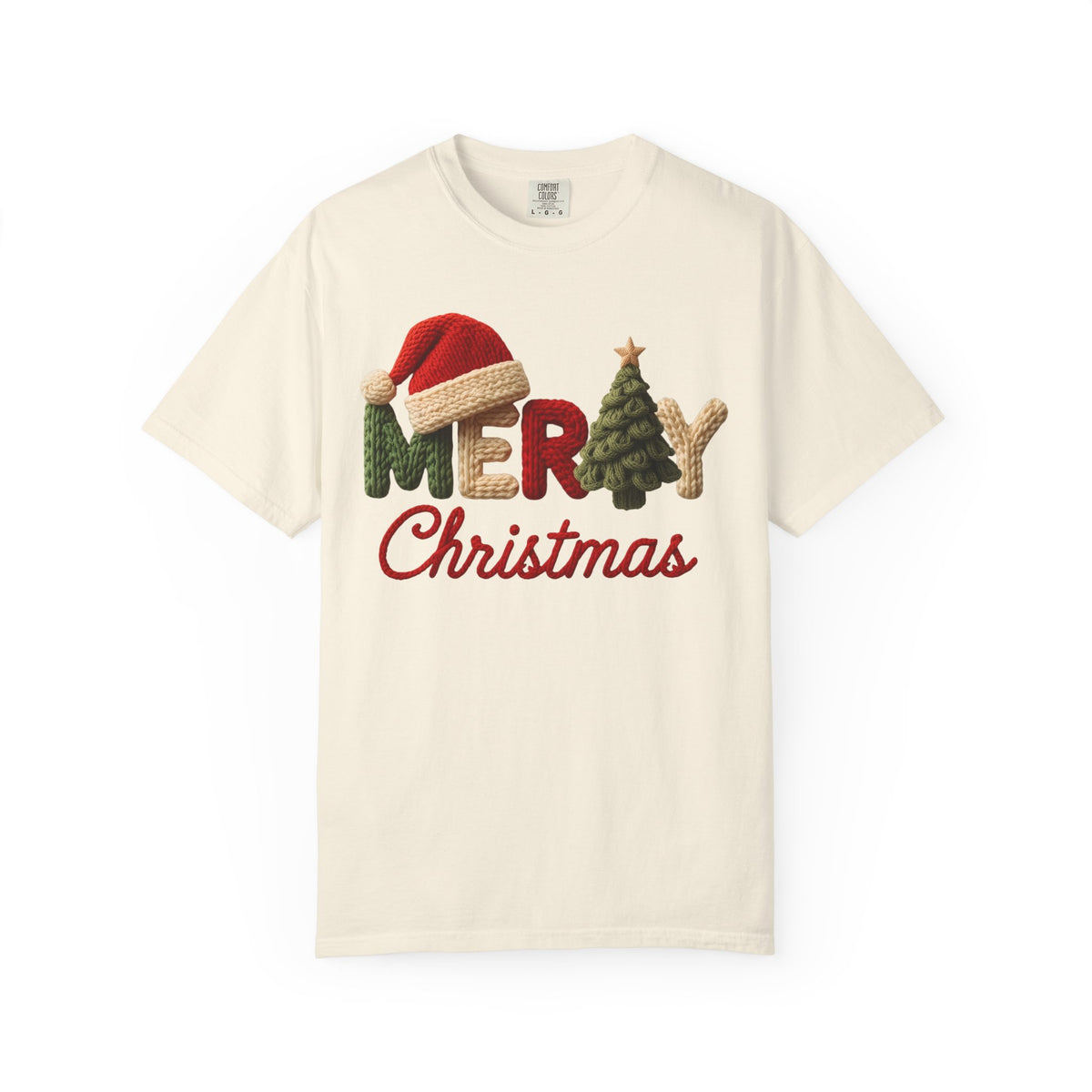 Merry Christmas Faux Yarn w/Santa Hat & Tree - Comfort Colors | Trendy Women's T-Shirt. Direct to Garment. Printed & Shipped in the USA. Unisex Sizes.