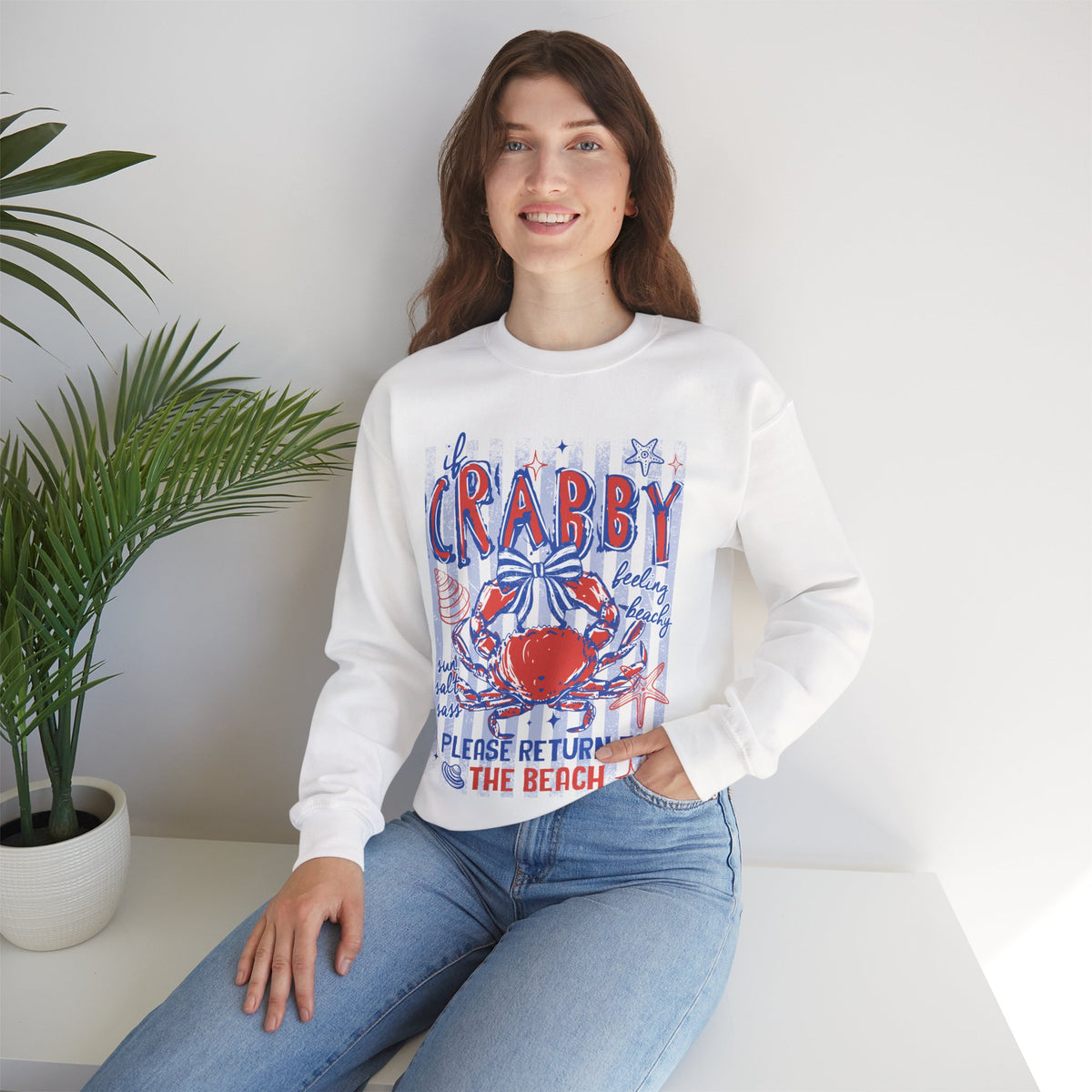 If Crabby, Please Return to Beach – Gildan Heavy Blend | Trendy Men's & Women’s Soft Sweatshirt. Direct to Garment. Printed & Shipped in the USA. Unisex Sizes.