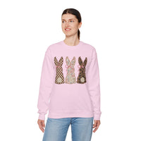 Easter Bunny Trio - Checkered, Floral & Leopard – Gildan Heavy Blend | Trendy Women’s Soft Sweatshirt. Direct to Garment. Printed & Shipped in the USA. Unisex Sizes.