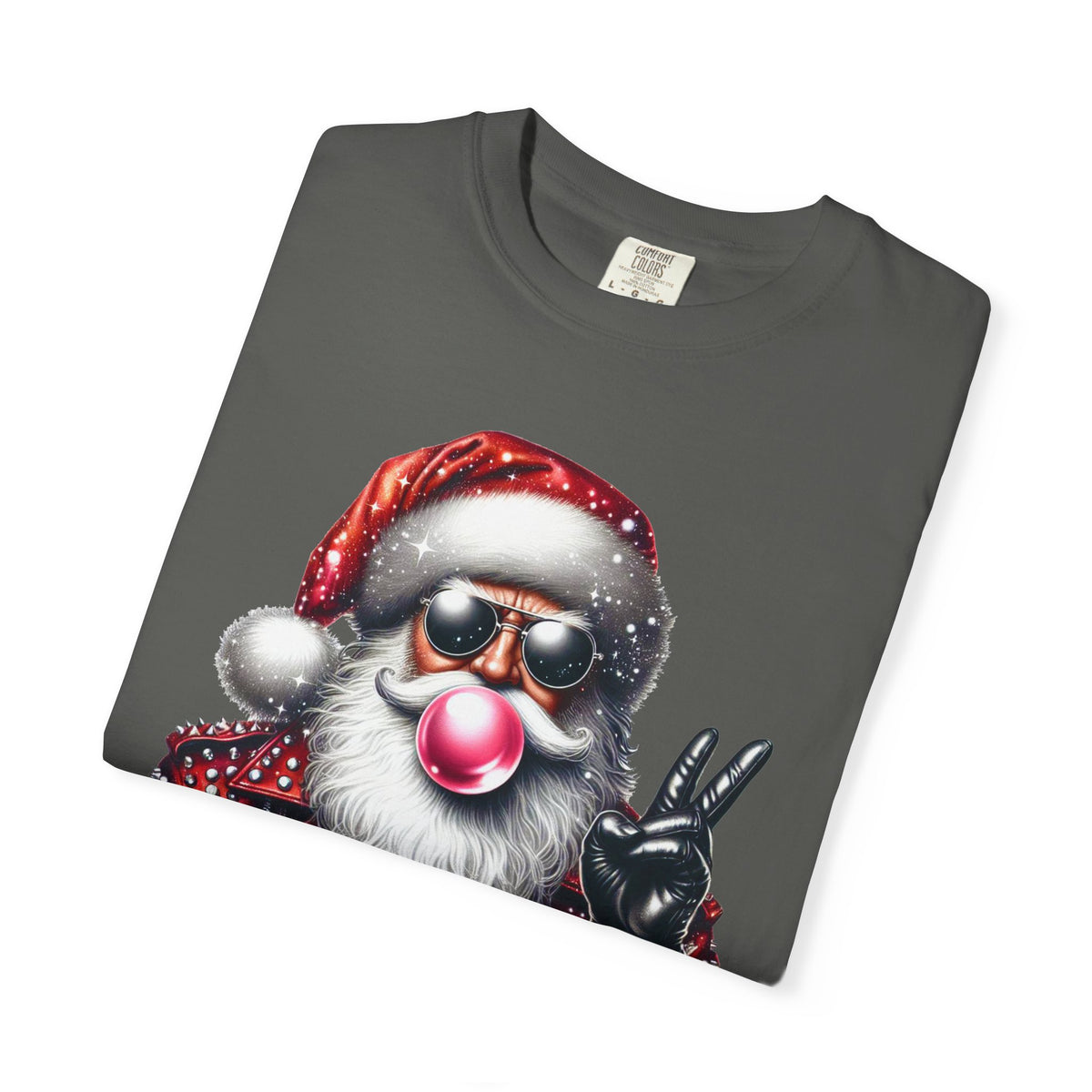 Biker Santa Leather Jacket Bubblegum - Comfort Colors | Trendy Women's and Men's T-Shirt. Direct to Garment. Printed & Shipped in the USA. Unisex Sizes.