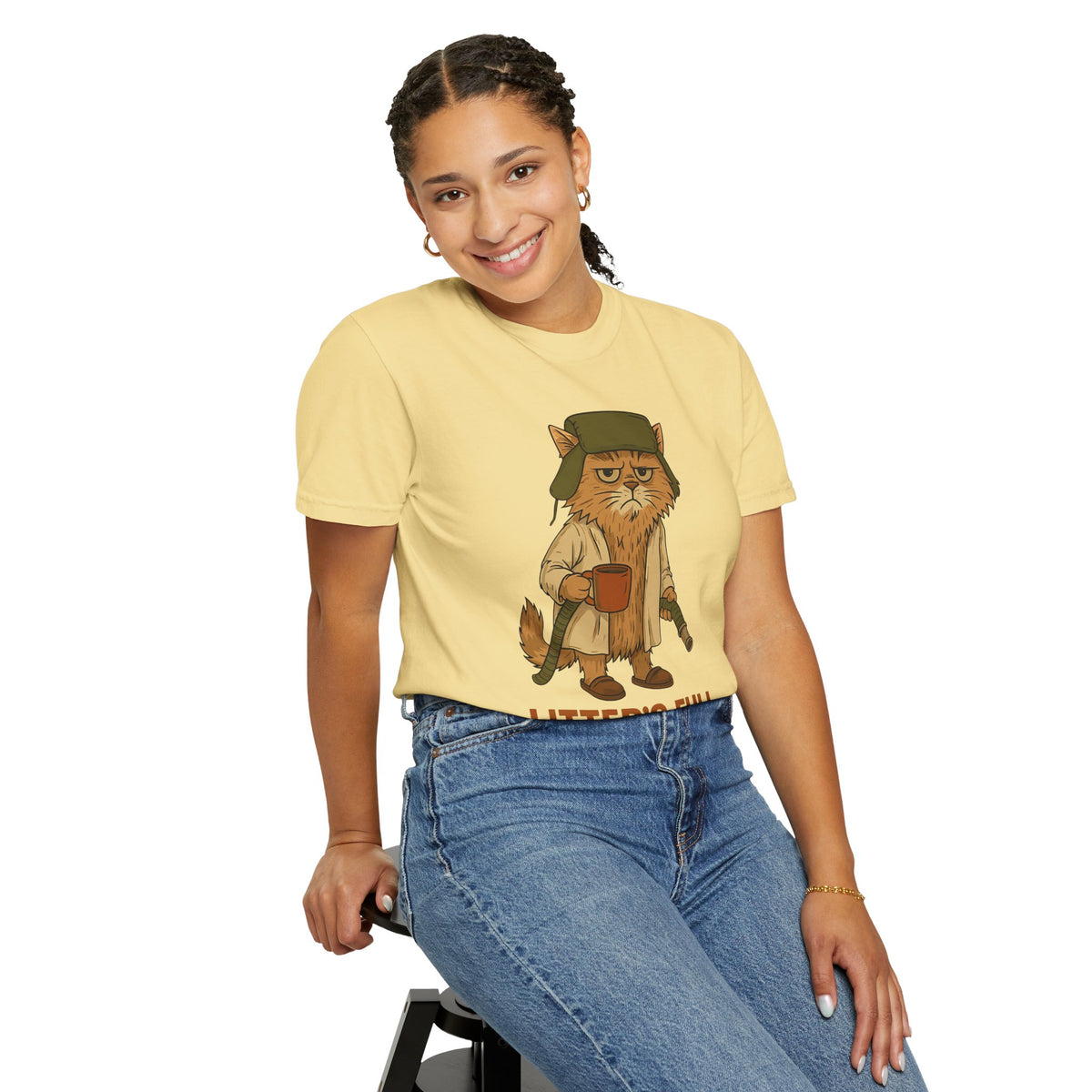 Litter's Full, Funny Cat - Comfort Colors | Trendy Men's and Women's T-Shirt. Direct to Garment. Printed & Shipped in the USA. Unisex Sizes.