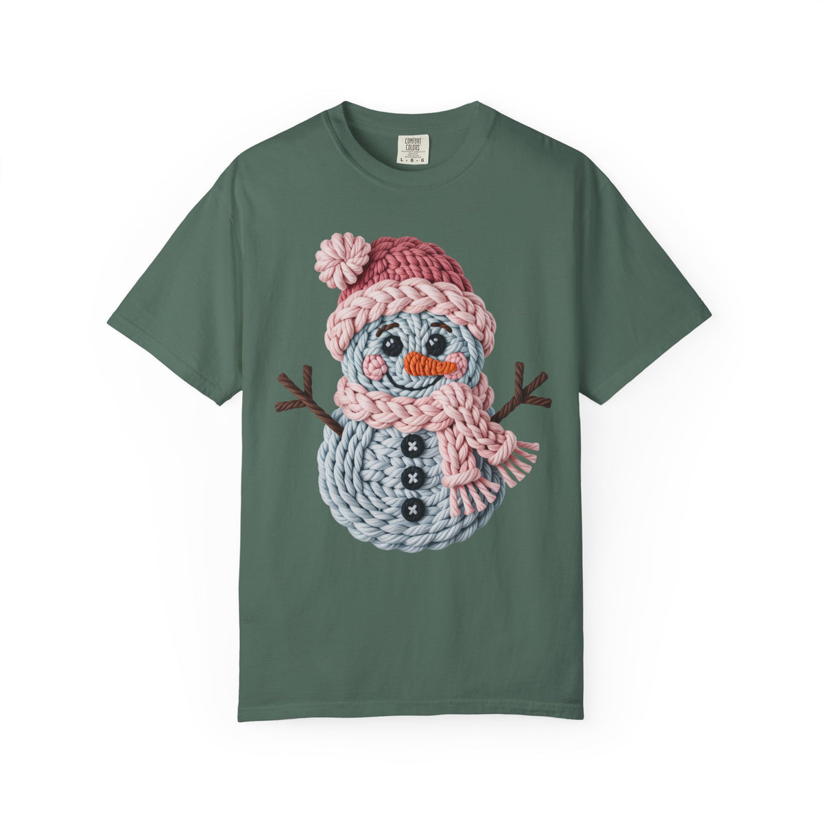 Cute Yarn Snowman - Pink Scarf - Comfort Colors | Trendy Women's T-Shirt. Direct to Garment. Printed & Shipped in the USA. Unisex Sizes.