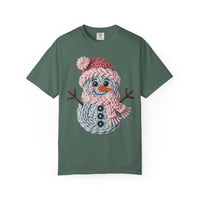 Cute Yarn Snowman - Pink Scarf - Comfort Colors | Trendy Women's T-Shirt. Direct to Garment. Printed & Shipped in the USA. Unisex Sizes.