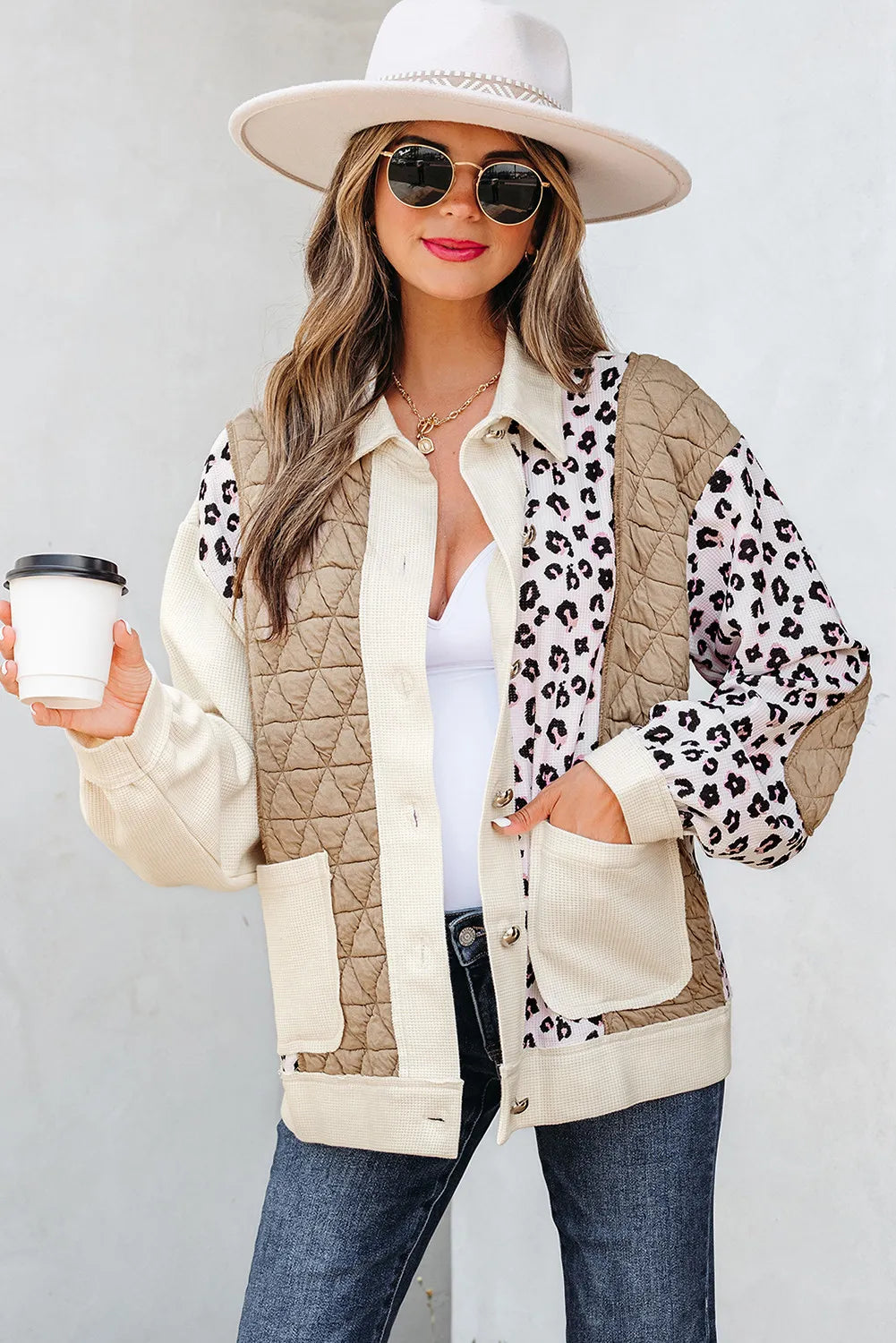 Khaki & Leopard Patchwork Quilted Button-Front Lightweight Jacket with Pockets
