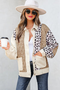 Khaki & Leopard Patchwork Quilted Button-Front Lightweight Jacket with Pockets