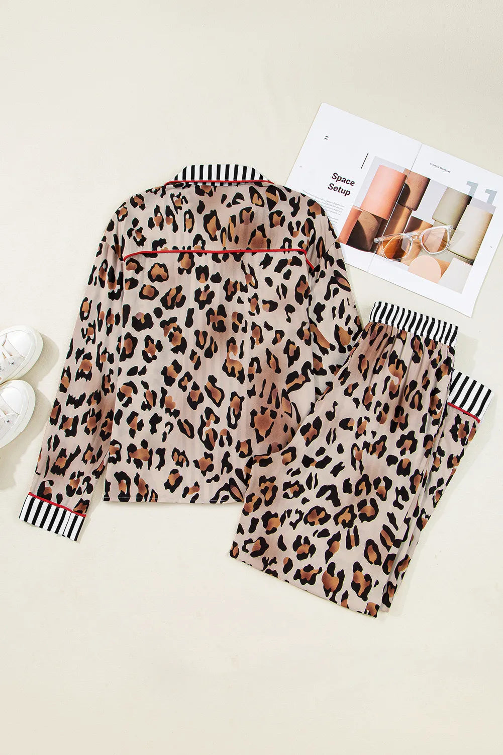 Leopard Print with Black/White Striped Accents 2pc Pants Pajama Set