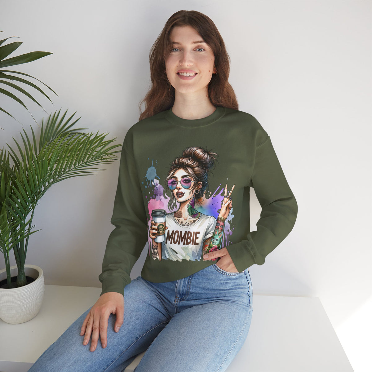 Cool Mombie with Coffee Peace Tattoo - Tired Mom – Gildan Heavy Blend | Trendy Women’s Soft Sweatshirt. Direct to Garment. Printed & Shipped in the USA. Unisex Sizes.