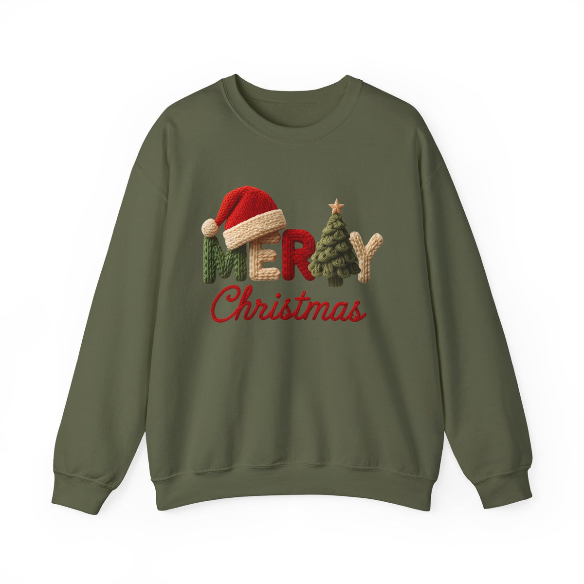 Merry Christmas Faux Yarn w/Santa Hat & Tree – Gildan Heavy Blend | Trendy Women’s Soft Sweatshirt. Direct to Garment. Printed & Shipped in the USA. Unisex Sizes.