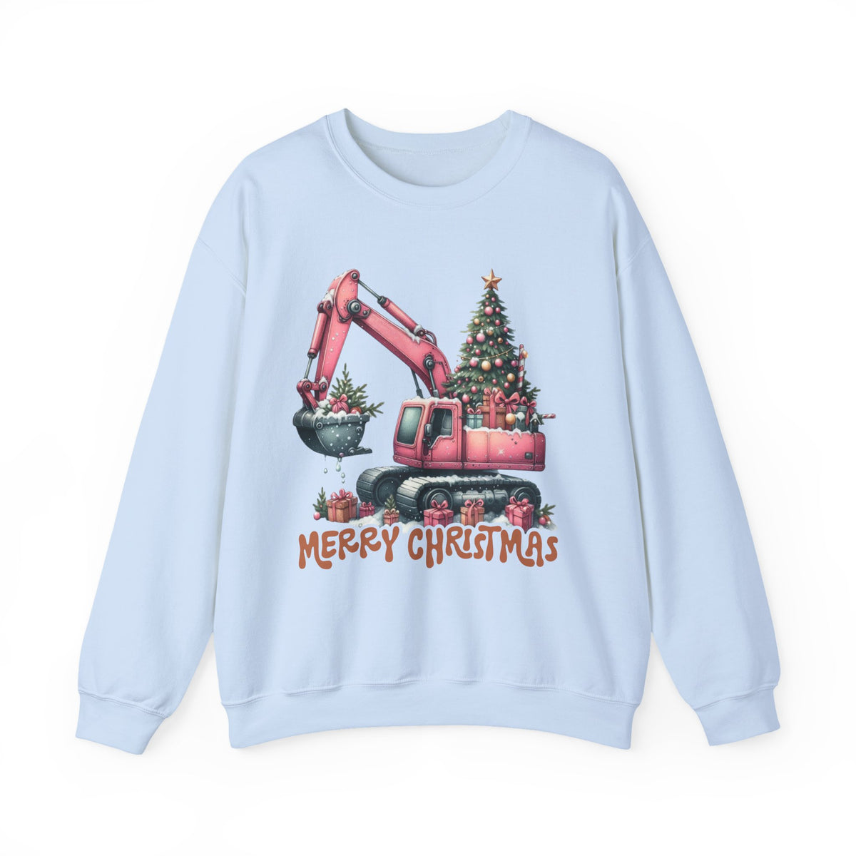 Excavator Merry Christmas Construction – Gildan Heavy Blend | Trendy Women’s Soft Sweatshirt. Direct to Garment. Printed & Shipped in the USA. Unisex Sizes.
