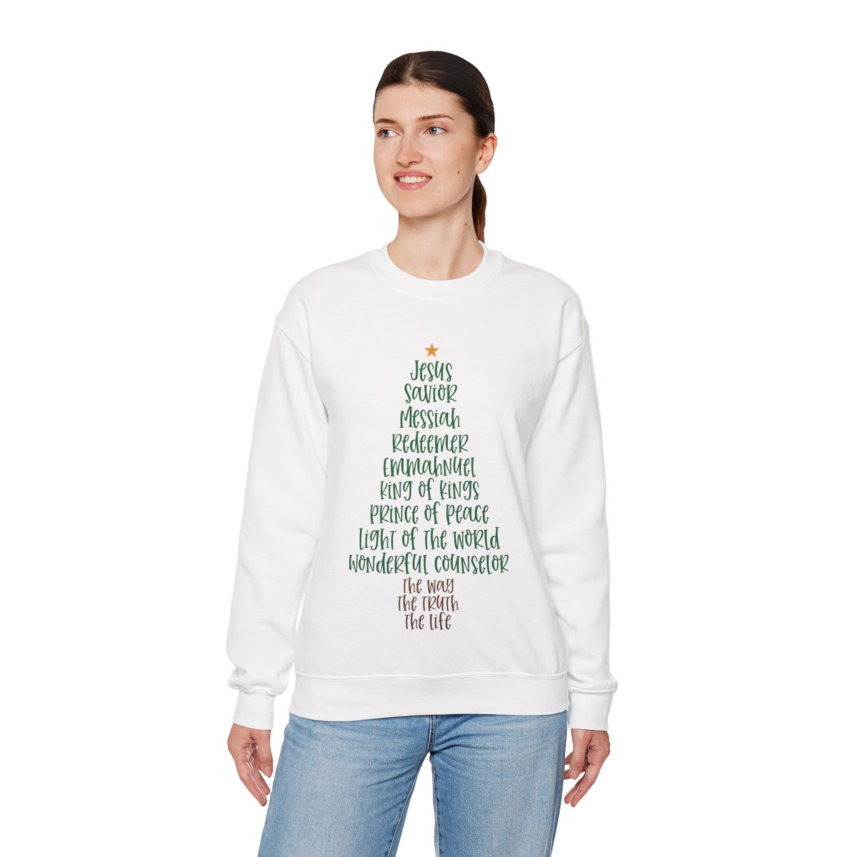 Jesus Names Christmas Tree – Gildan Heavy Blend | Trendy Women’s Soft Sweatshirt. Direct to Garment. Printed & Shipped in the USA. Unisex Sizes.