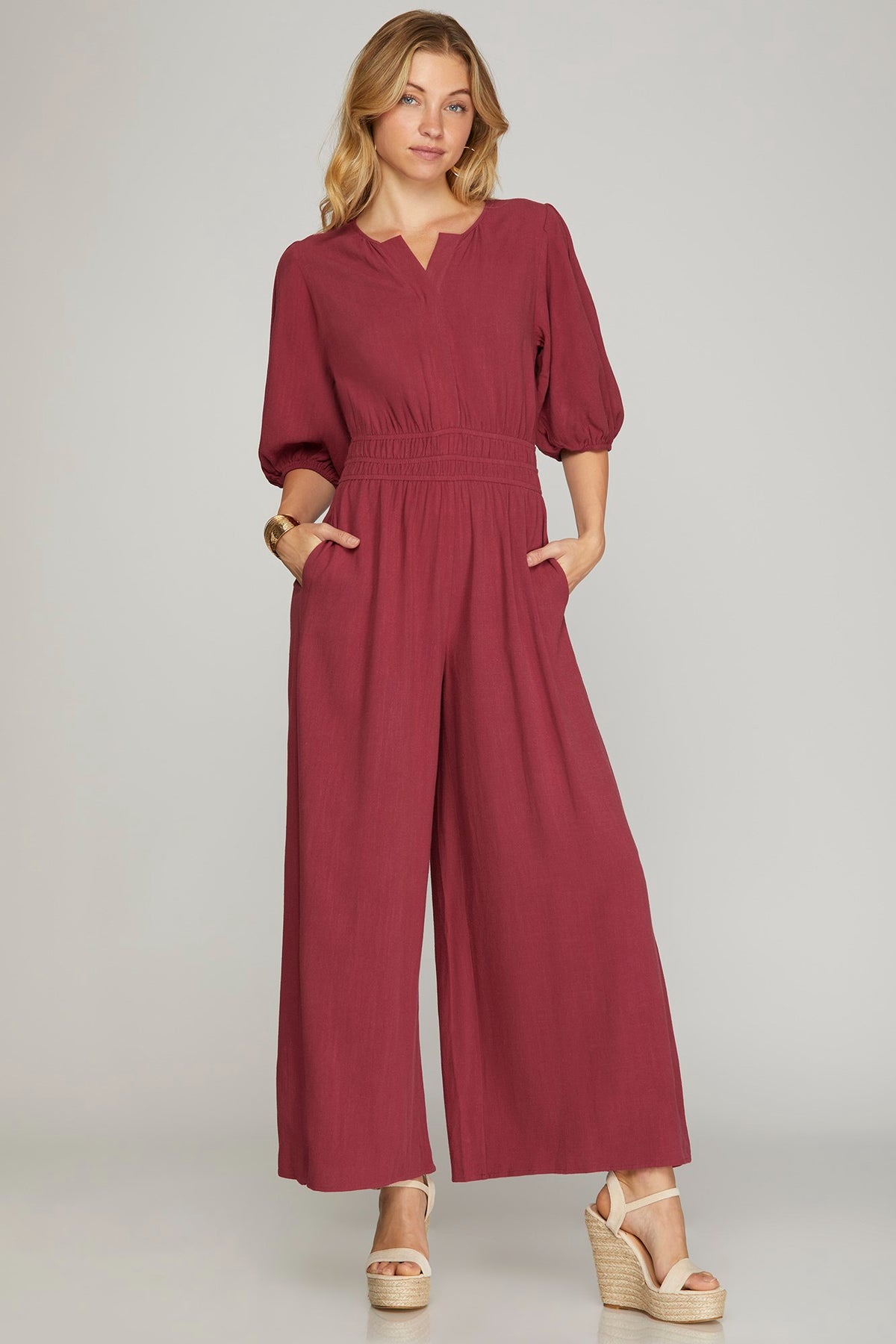 Half Sleeve Smocked-Waist Woven Berry Jumpsuit with Pockets