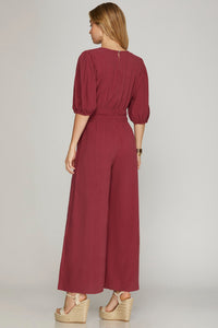 Half Sleeve Smocked-Waist Woven Berry Jumpsuit with Pockets