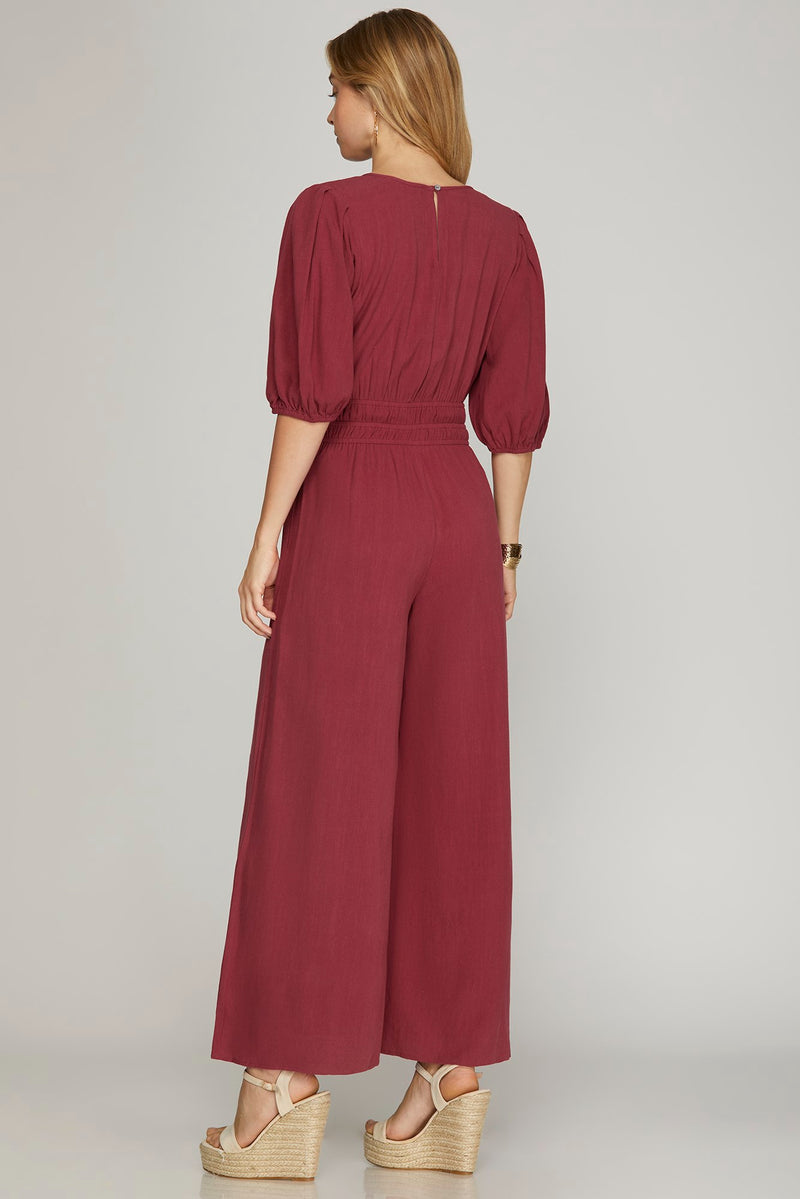 Half Sleeve Smocked-Waist Woven Berry Jumpsuit with Pockets