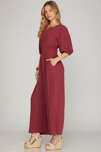 Half Sleeve Smocked-Waist Woven Berry Jumpsuit with Pockets