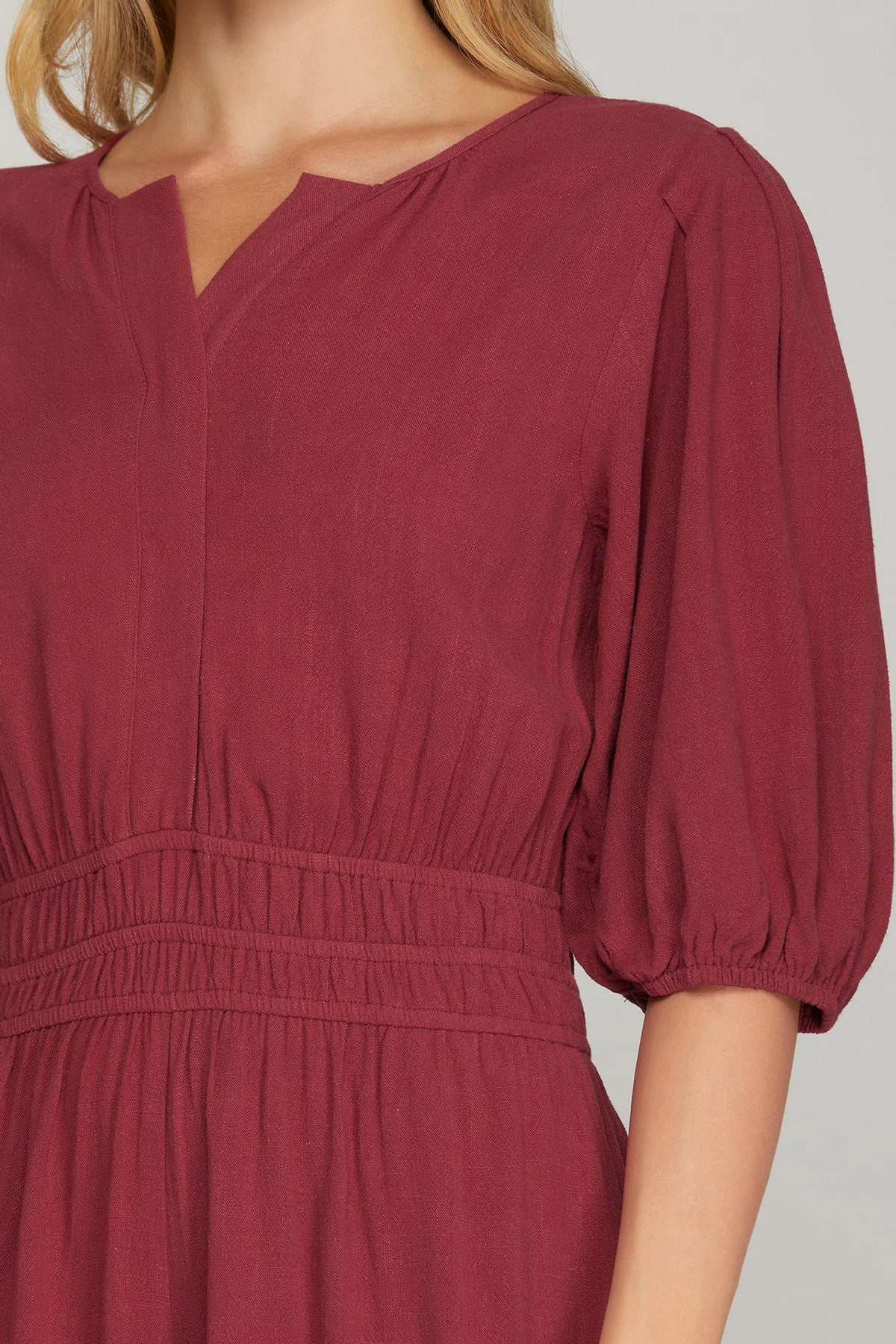 Half Sleeve Smocked-Waist Woven Berry Jumpsuit with Pockets