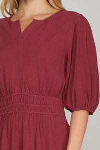 Half Sleeve Smocked-Waist Woven Berry Jumpsuit with Pockets