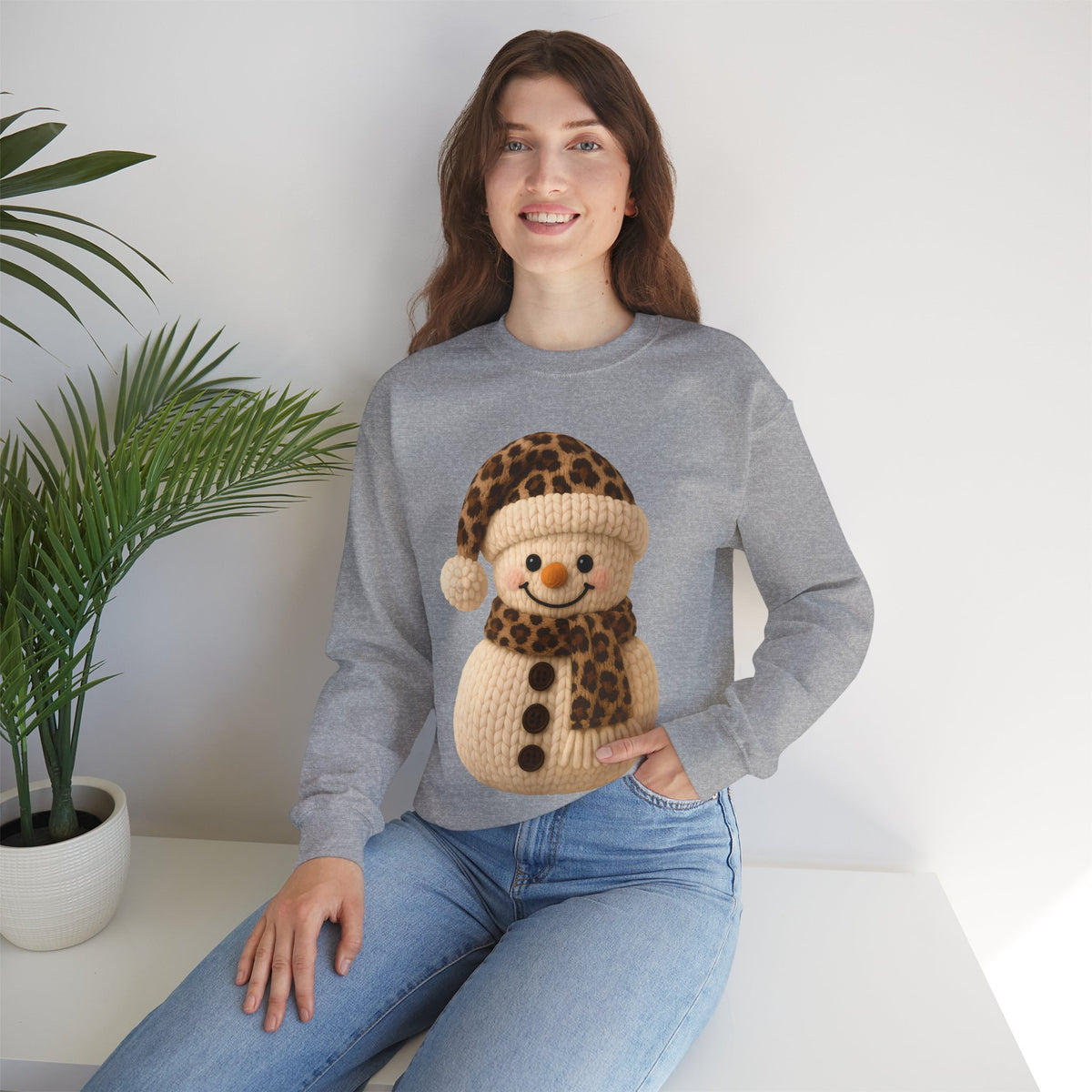 Cute Leopard Faux Knit Snowman Winter – Gildan Heavy Blend | Trendy Women’s Soft Sweatshirt. Direct to Garment. Printed & Shipped in the USA. Unisex Sizes.