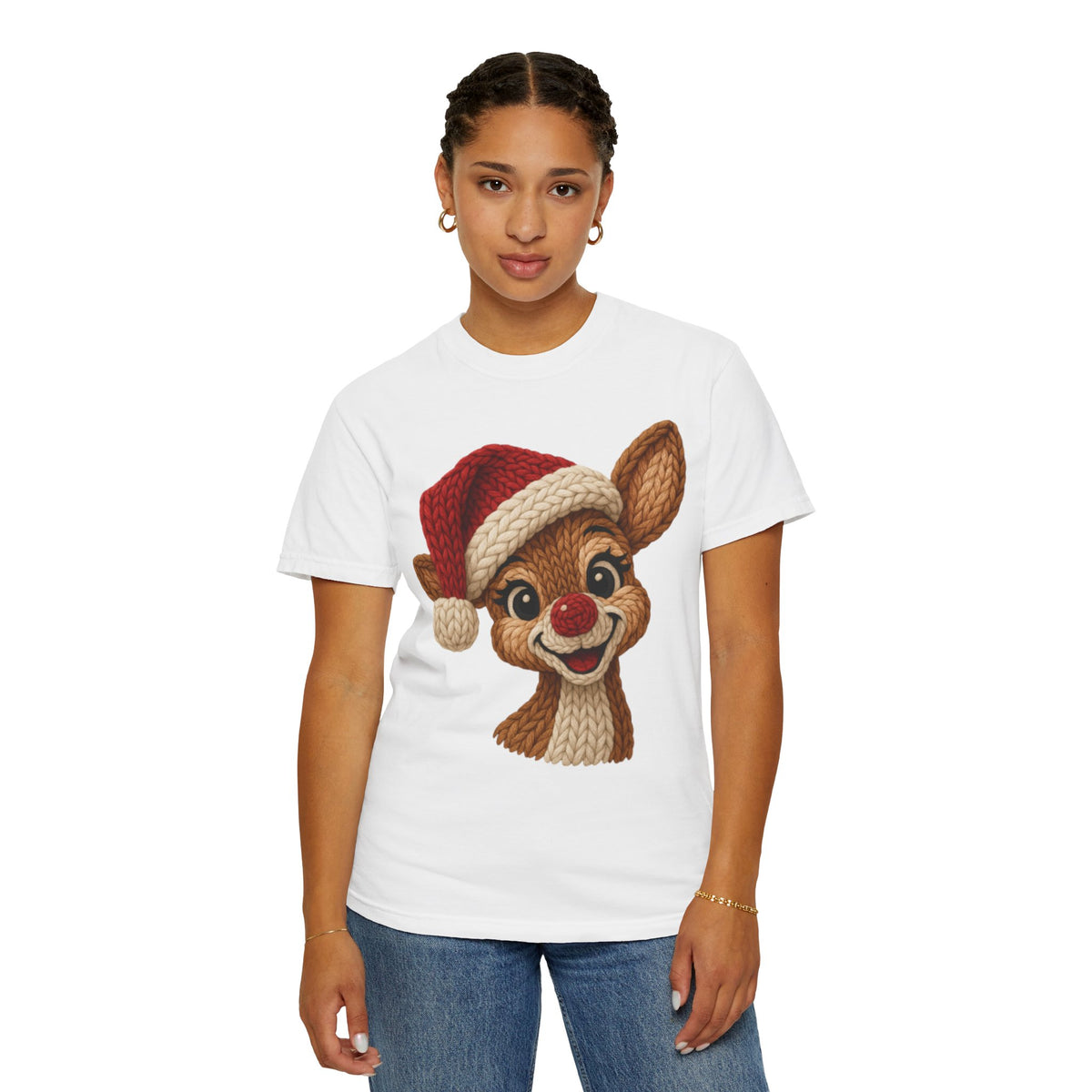 Cute Rudolph Faux Knit Look Reindeer w/Santa Hat - Comfort Colors | Trendy Women's T-Shirt. Direct to Garment. Printed & Shipped in the USA. Unisex Sizes.
