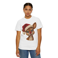 Cute Rudolph Faux Knit Look Reindeer w/Santa Hat - Comfort Colors | Trendy Women's T-Shirt. Direct to Garment. Printed & Shipped in the USA. Unisex Sizes.