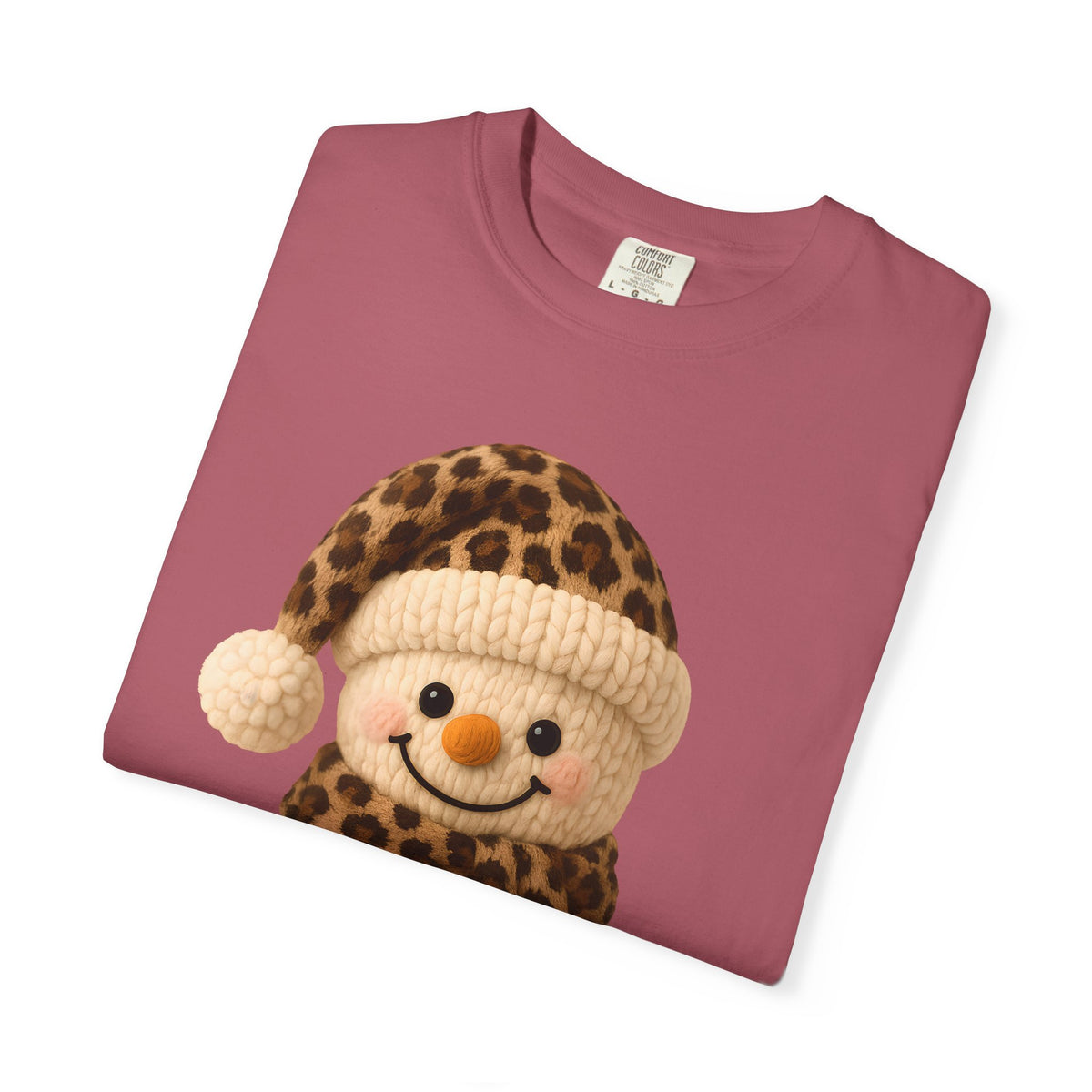 Cute Leopard Faux Knit Snowman Winter - Comfort Colors | Trendy Women's T-Shirt. Direct to Garment. Printed & Shipped in the USA. Unisex Sizes.