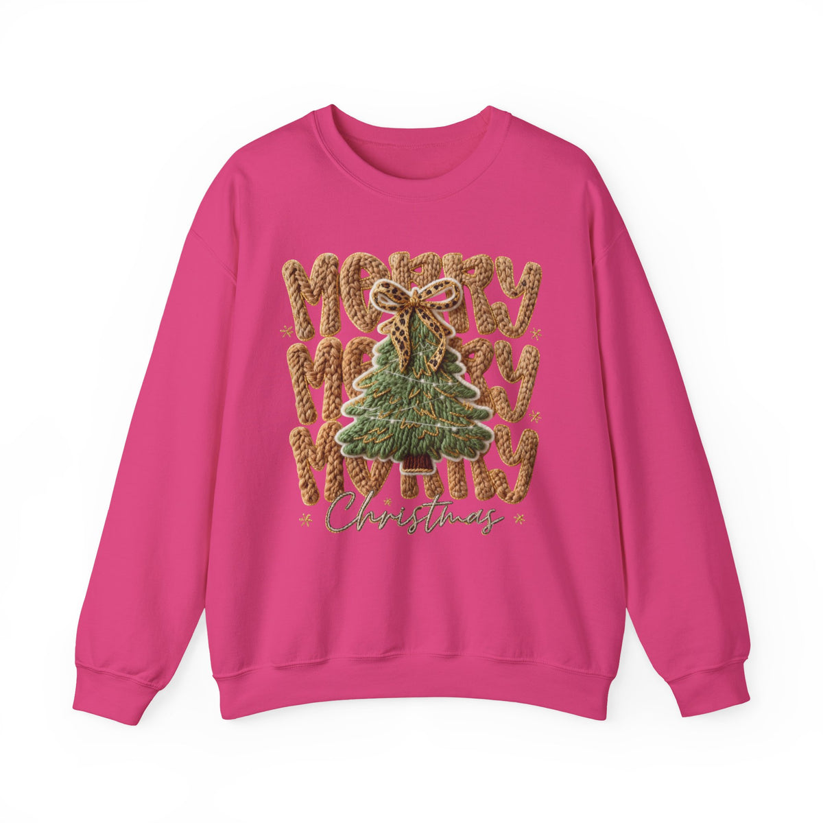 Merry Merry Merry Christmas, Faux Latch Hook Yarn – Gildan Heavy Blend | Trendy Women’s Soft Sweatshirt. Direct to Garment. Printed & Shipped in the USA. Unisex Sizes.
