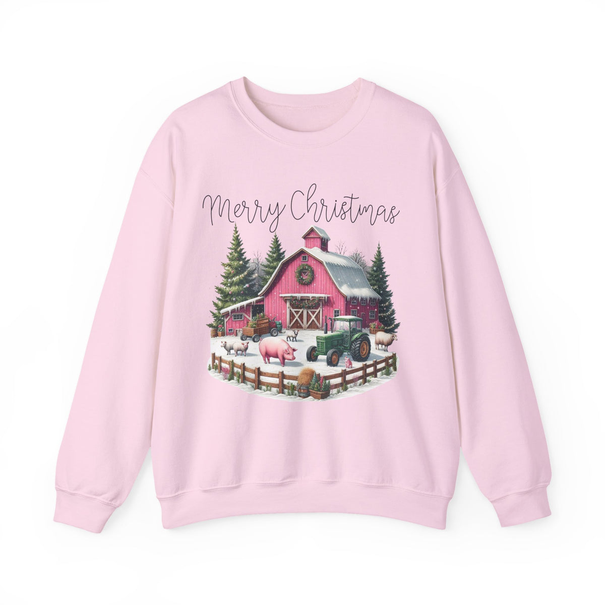 Merry Christmas Pink Barn Farm Animals – Gildan Heavy Blend | Trendy Women’s Soft Sweatshirt. Direct to Garment. Printed & Shipped in the USA. Unisex Sizes.