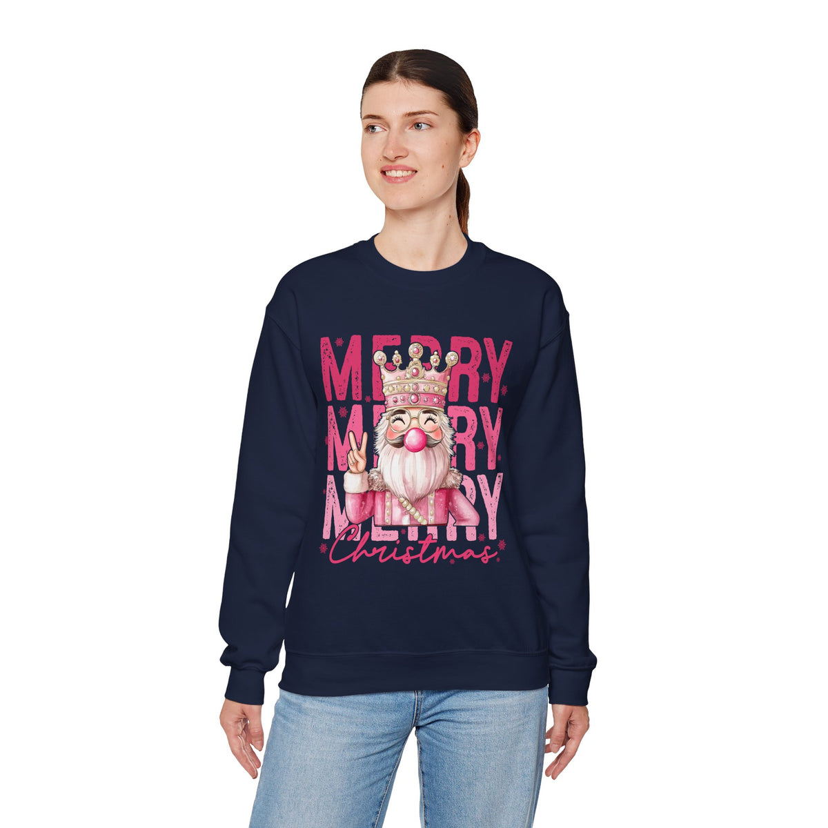 Merry Christmas - Cute Pink Bubblegum Nutcracker – Gildan Heavy Blend | Trendy Women’s Soft Sweatshirt. Direct to Garment. Printed & Shipped in the USA. Unisex Sizes.