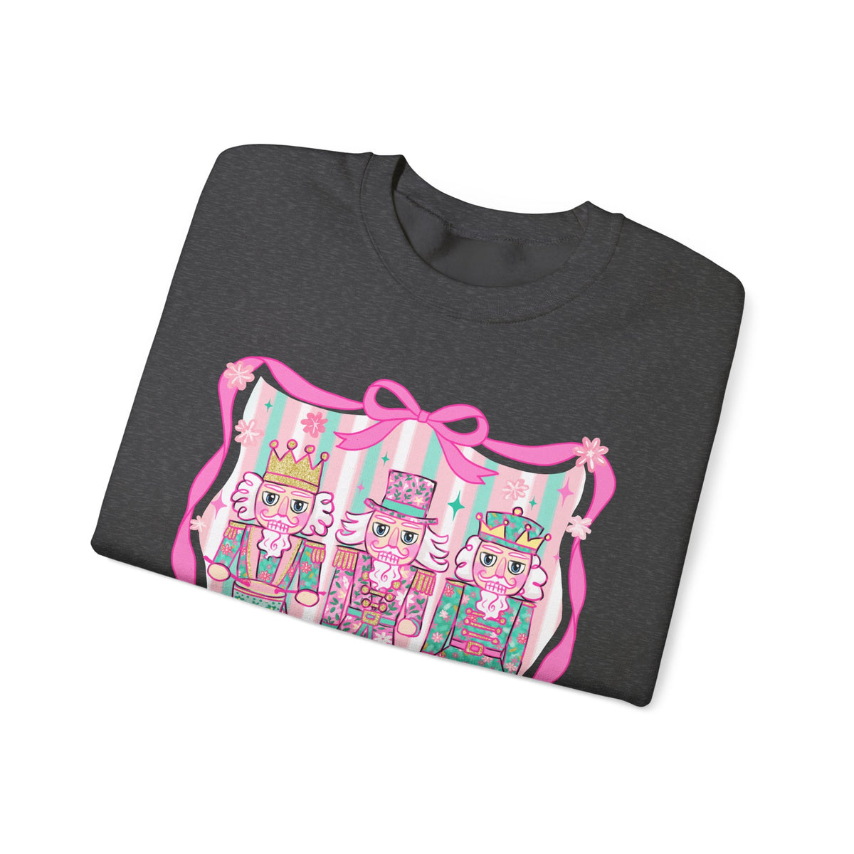 Coquette Pastel Christmas Nutcracker Trio Pink and Green – Gildan Heavy Blend | Trendy Women’s Soft Sweatshirt. Direct to Garment. Printed & Shipped in the USA. Unisex Sizes.