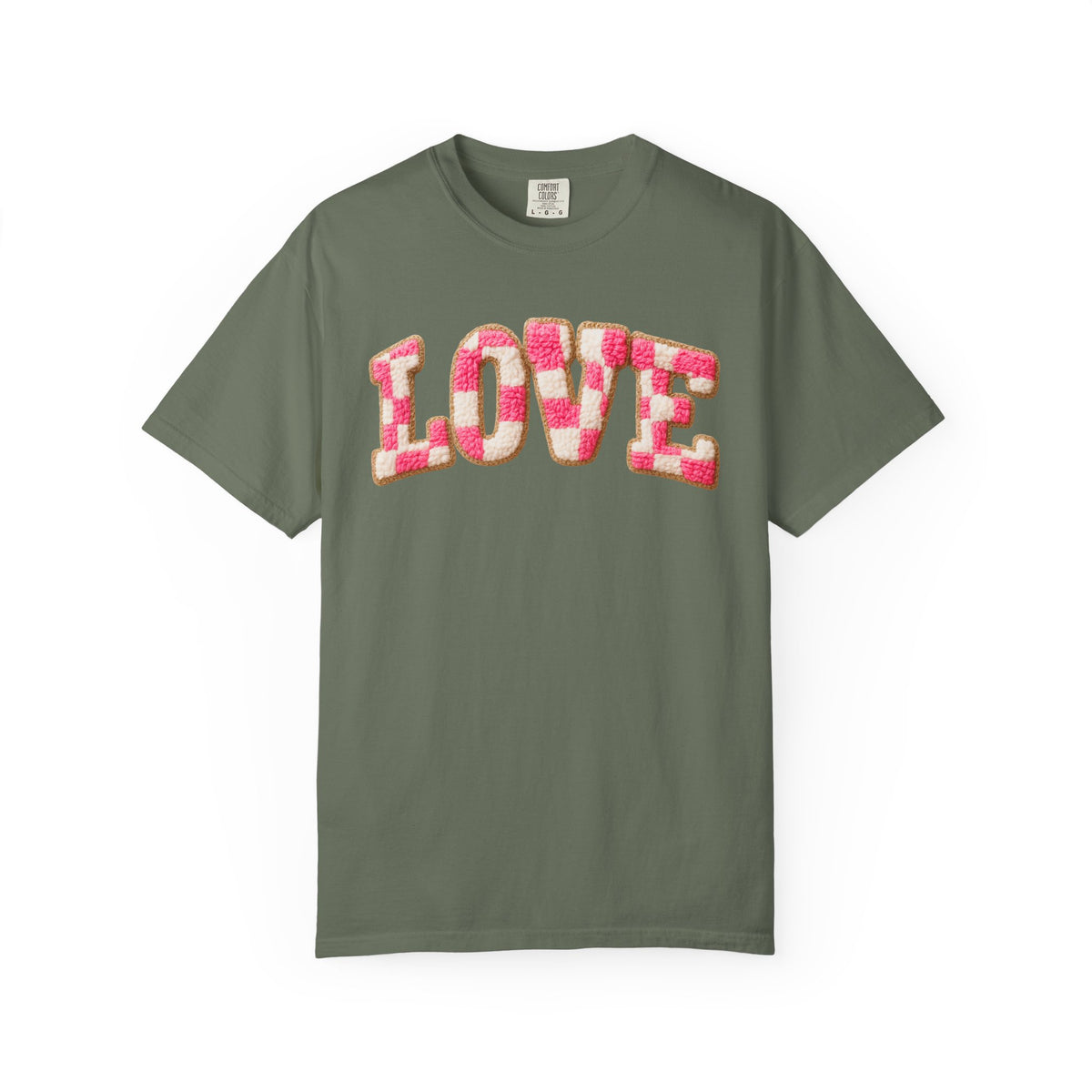 Faux Crochet Checkered LOVE - Comfort Colors | Trendy Women's T-Shirt. Direct to Garment. Printed & Shipped in the USA. Unisex Sizes.