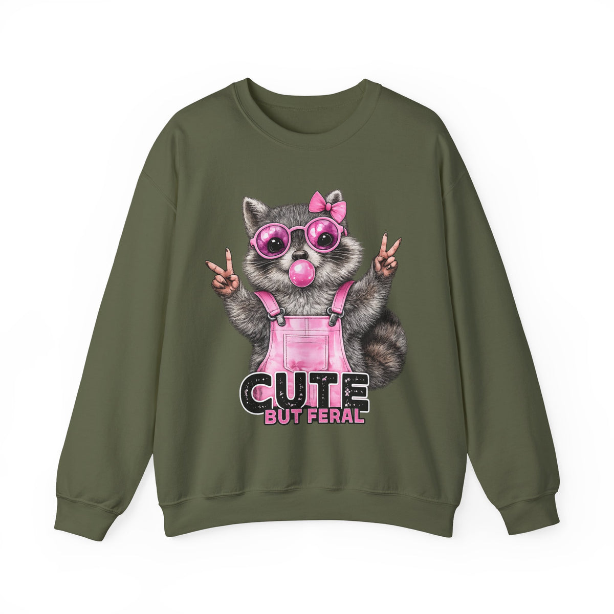 Cute But Feral, Raccoon in Pink Bibs – Gildan Heavy Blend | Trendy Women’s Soft Sweatshirt. Direct to Garment. Printed & Shipped in the USA. Unisex Sizes.