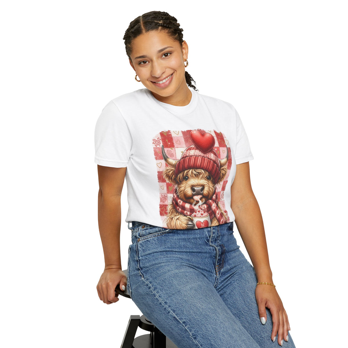 Highland Cow Be Mine, Red Checkered - Comfort Colors | Trendy Women's T-Shirt. Direct to Garment. Printed & Shipped in the USA. Unisex Sizes.