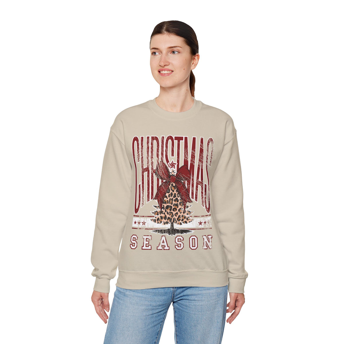 Christmas Season Leopard Tree Distressed – Gildan Heavy Blend | Trendy Women’s Soft Sweatshirt. Direct to Garment. Printed & Shipped in the USA. Unisex Sizes.