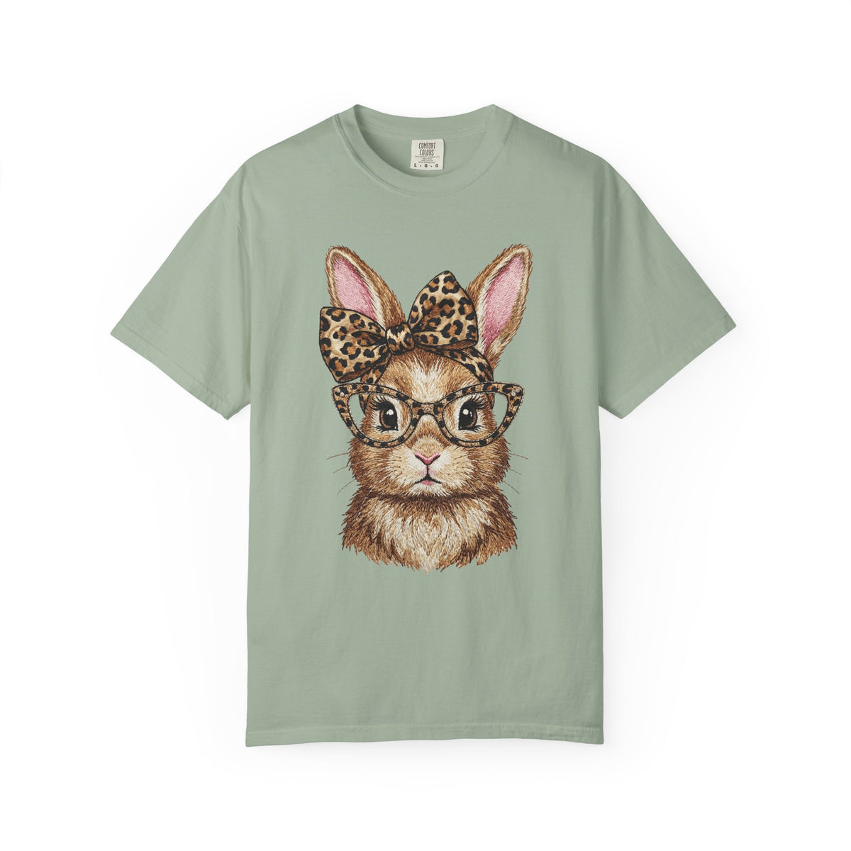 Bunny with Leopard Bow and Glasses - Comfort Colors | Trendy Women's T-Shirt. Direct to Garment. Printed & Shipped in the USA. Unisex Sizes.