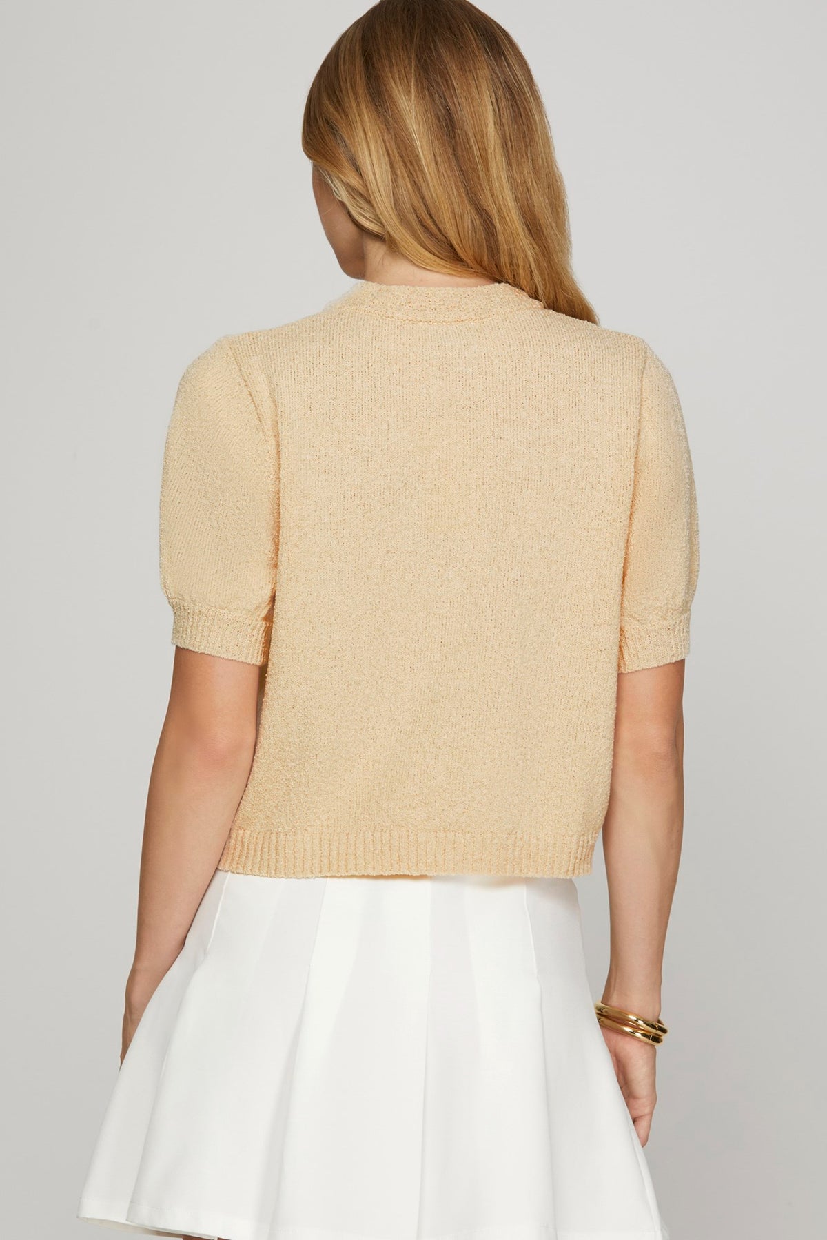 Puff Sleeve Beige Button Up Sweater Jacket