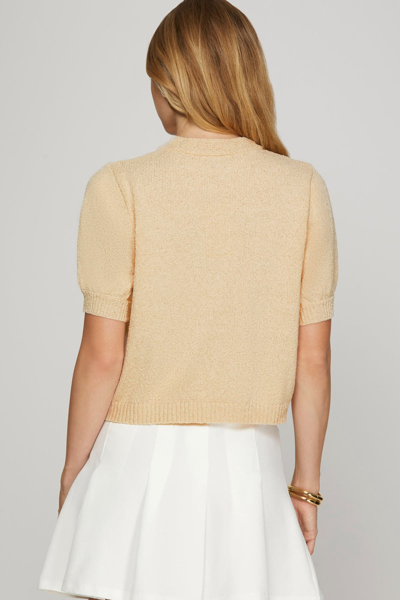 Puff Sleeve Beige Button Up Sweater Jacket
