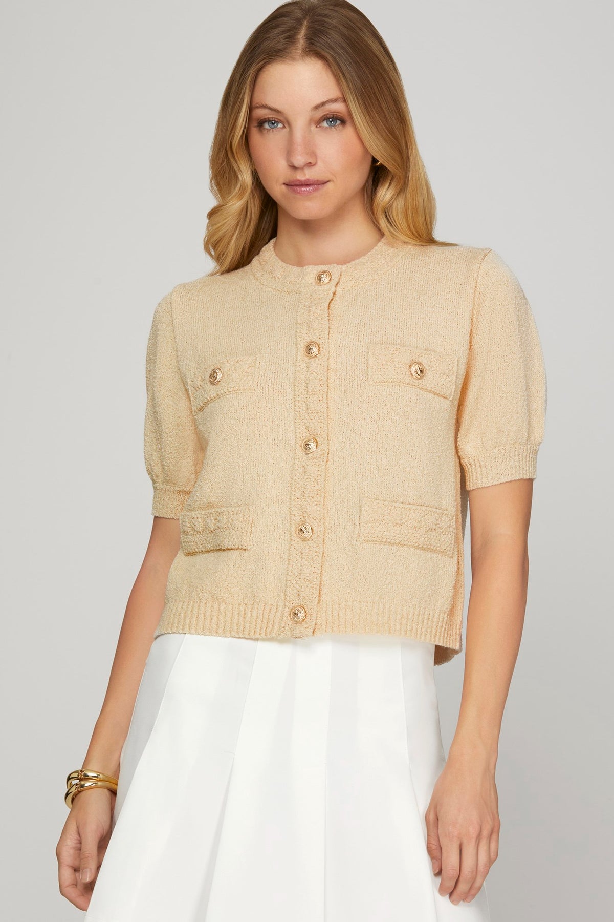 Puff Sleeve Beige Button Up Sweater Jacket