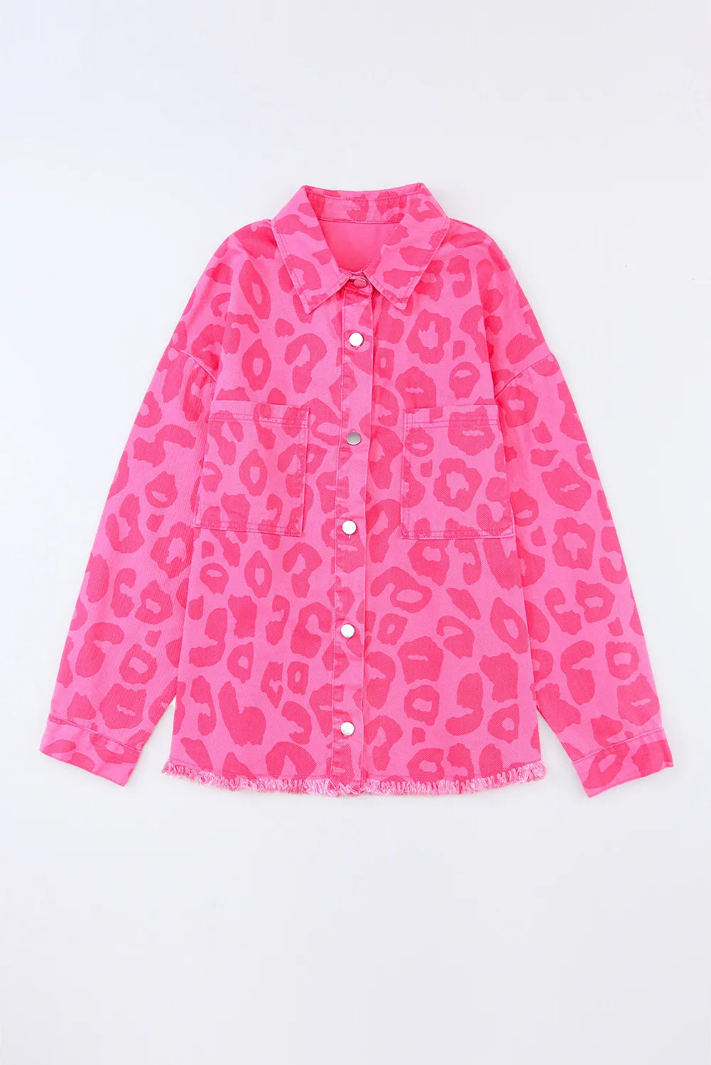 Vibrant Pink Leopard Print Lightweight Jean Jacket with Raw Hem