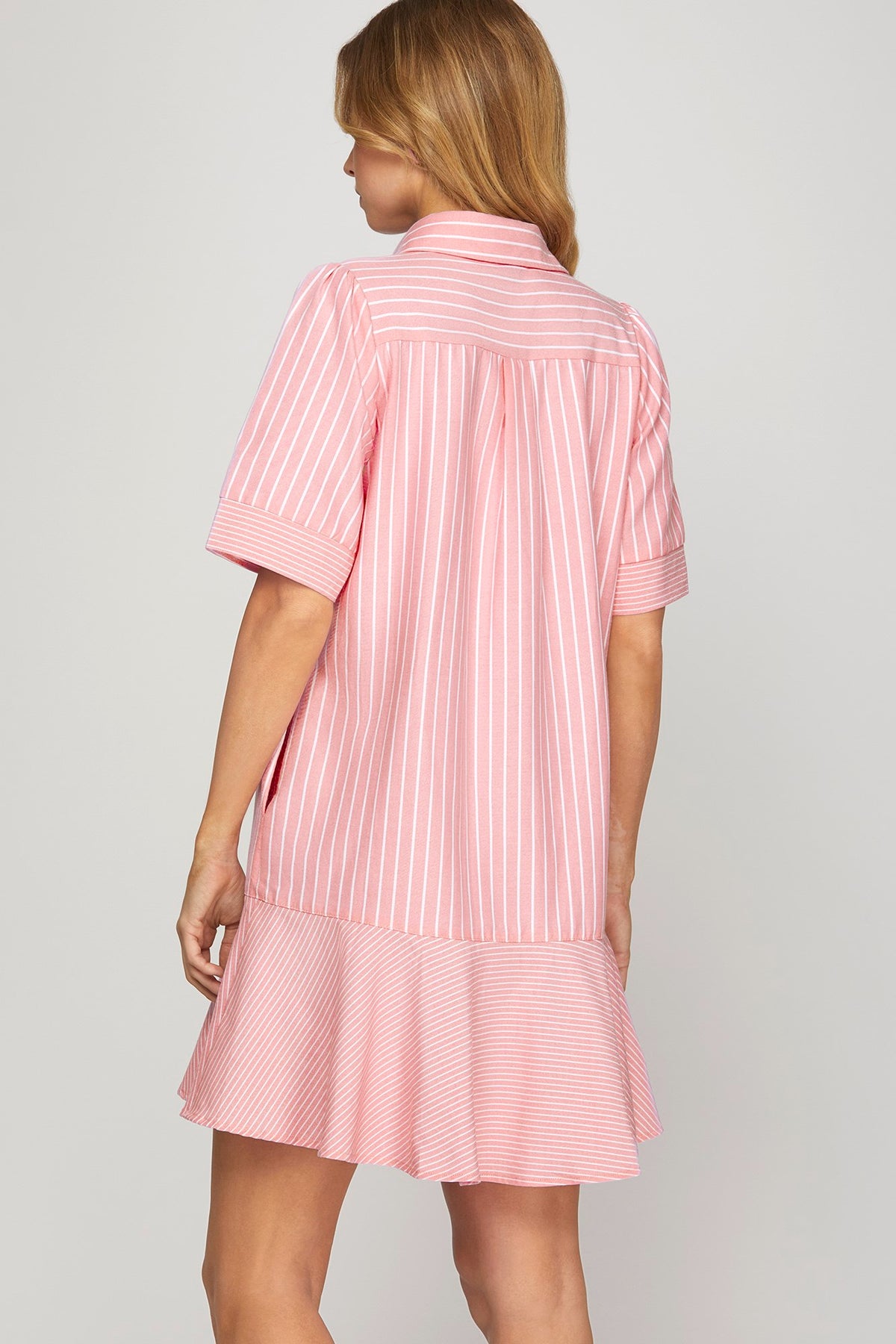 Striped Dress (Pink) with (Long) Short-Sleeves & Pockets