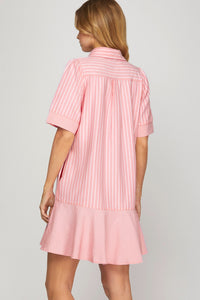 Striped Dress (Pink) with (Long) Short-Sleeves & Pockets