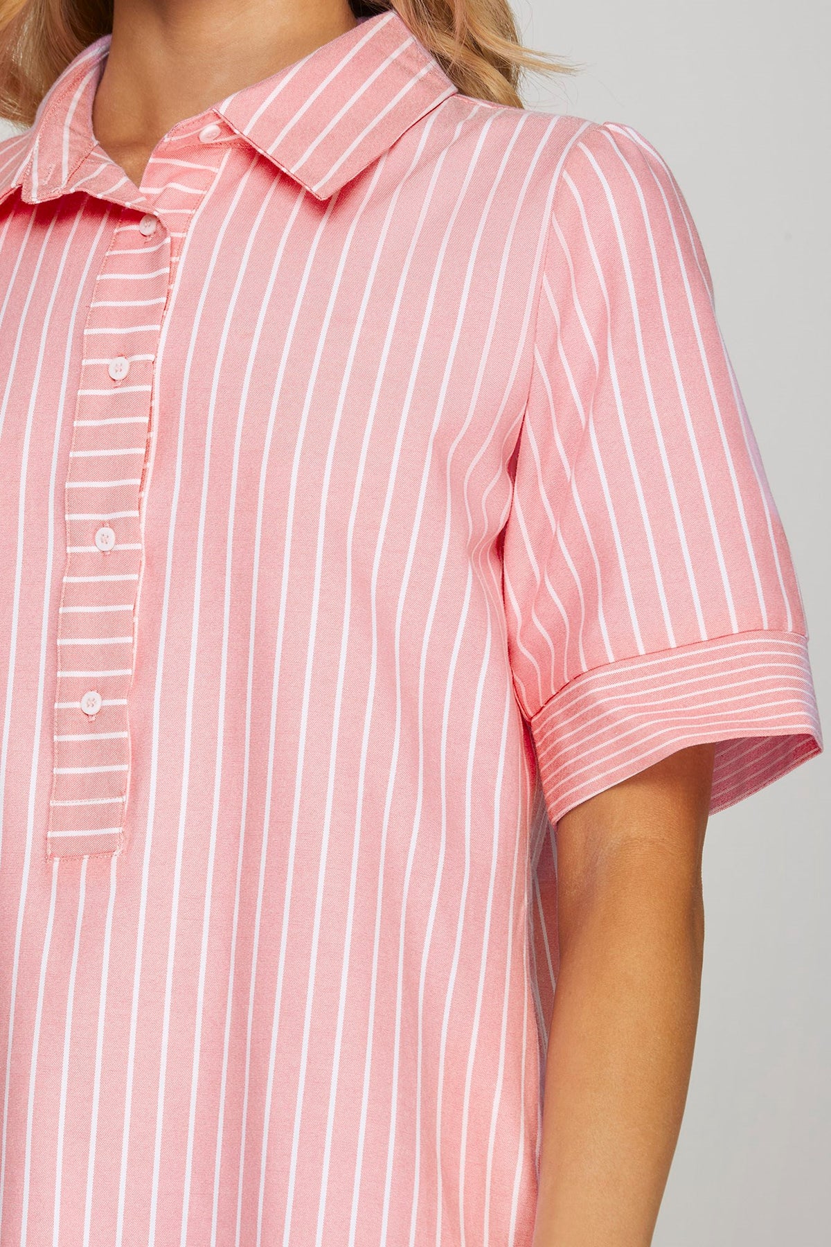 Striped Dress (Pink) with (Long) Short-Sleeves & Pockets