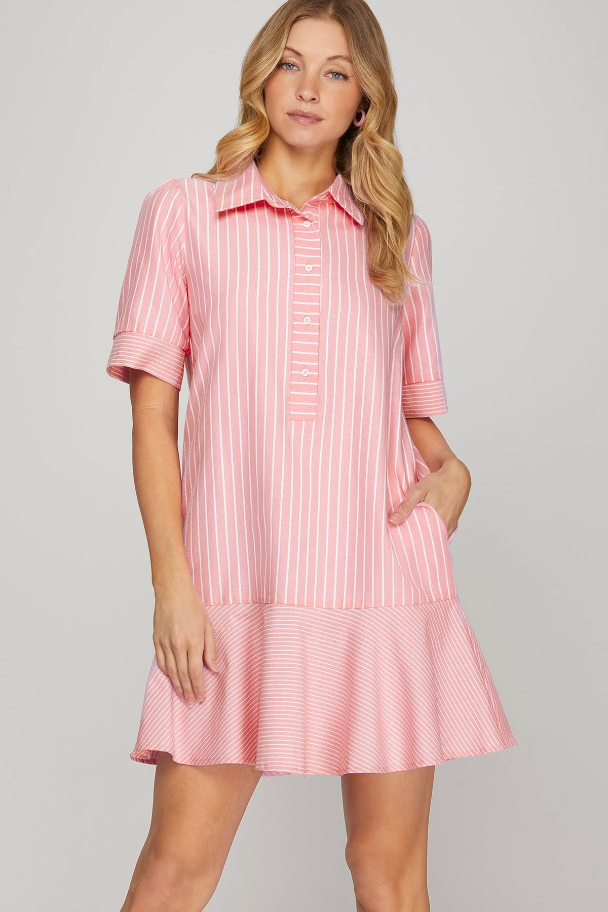 Striped Dress (Pink) with (Long) Short-Sleeves & Pockets