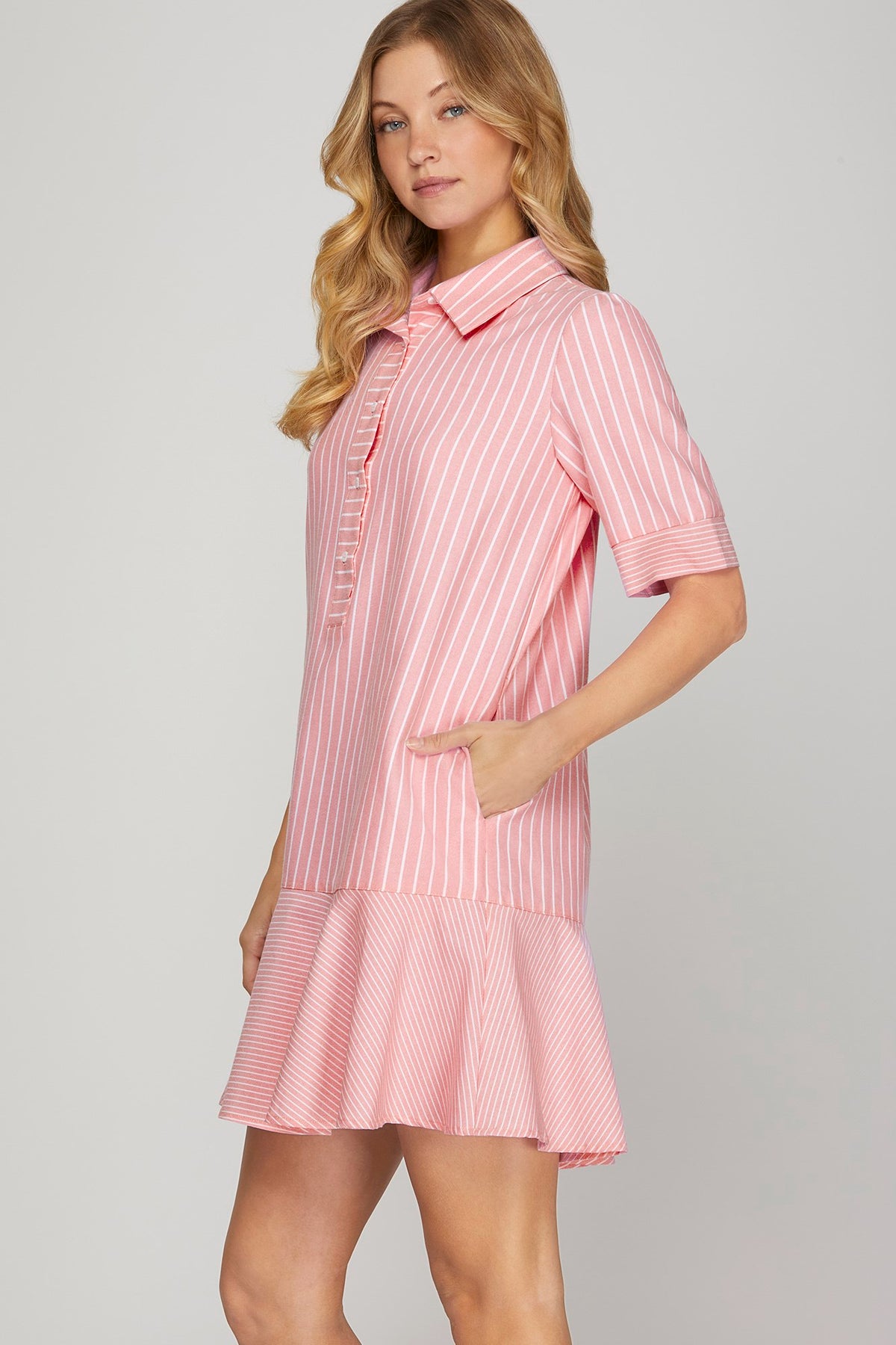 Striped Dress (Pink) with (Long) Short-Sleeves & Pockets
