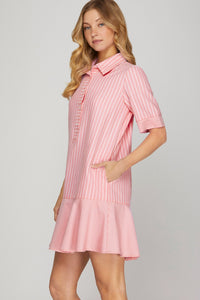 Striped Dress (Pink) with (Long) Short-Sleeves & Pockets